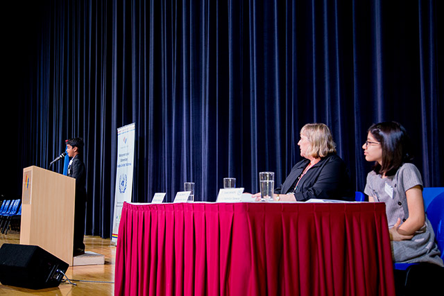 OFS Elementary School Grade 5 Secretary Generals giving speech during the G5 Model United Nations (October 2019)